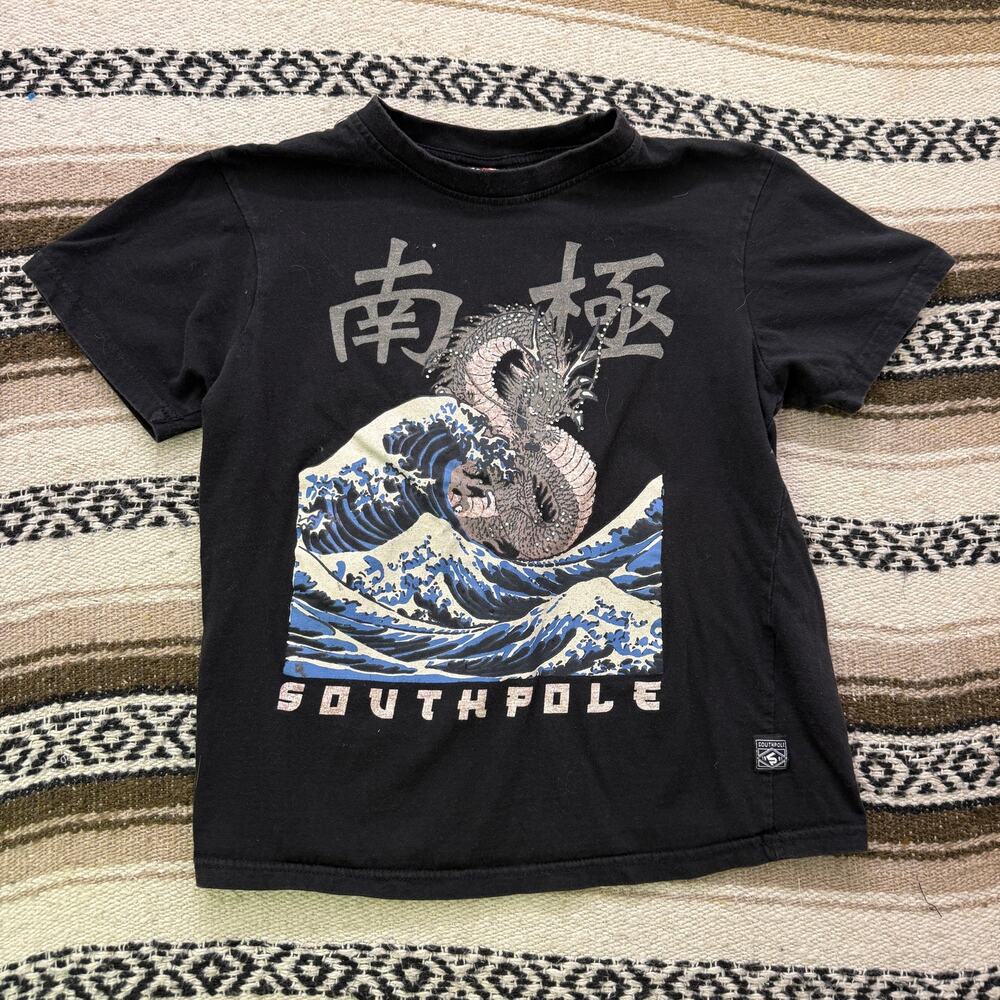 Youth Kids Vintage 2000's Southpole Black Blue Dragon Wave Tee Shirt Sz Medium